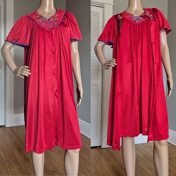 Vintage 70s Vanity Fairy Red Nightgown Robe Lingerie Set Floral Size Medium - Picture 1 of 15